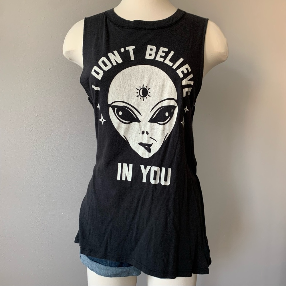 Social Decay Black Alien Print Tank Top “I Don’t Believe in You” • Size S/M